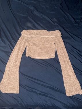 SHEIN Beige Off-Shoulder Long Bell Sleeve Crop Top